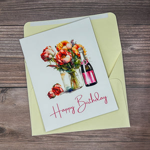 Flowers and Champange Birthday Card